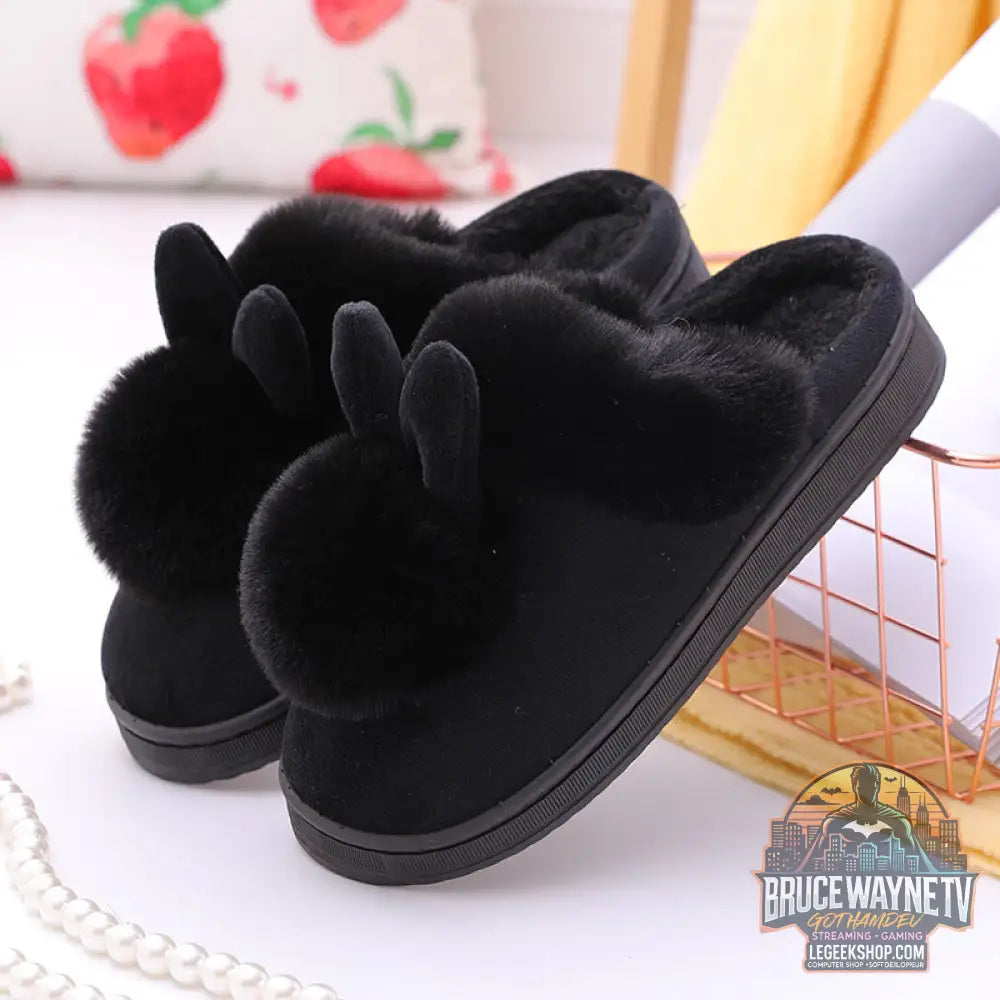 Chaussons Maison Oreilles Lapin Pompons Peluche Coton - Black / 36or37 - Chaussons Maison