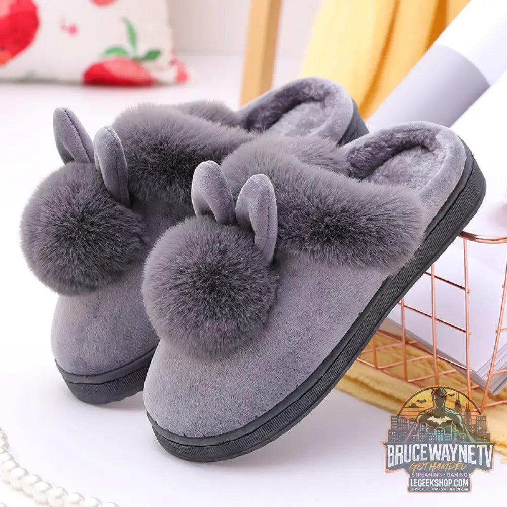 Chaussons Maison Oreilles Lapin Pompons Peluche Coton - Grey / 36or37 - Chaussons Maison