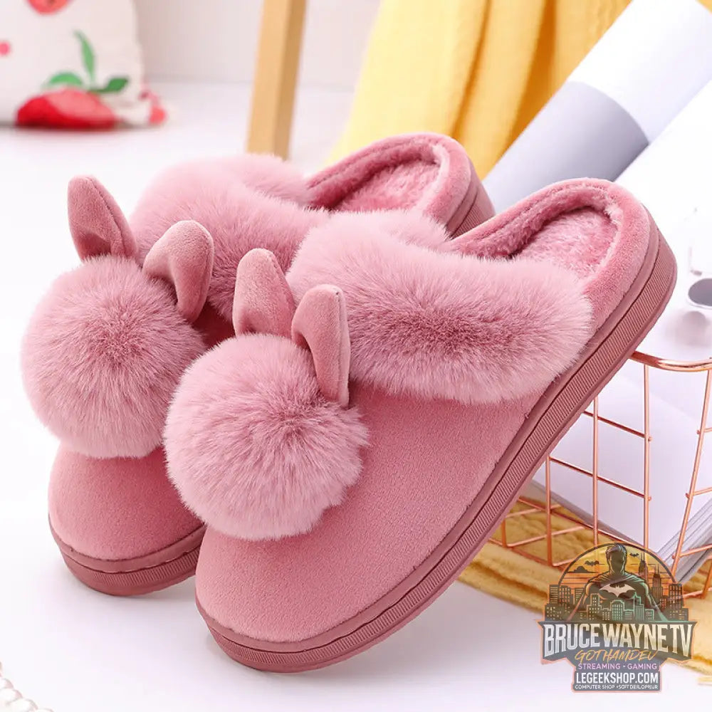 Chaussons Maison Oreilles Lapin Pompons Peluche Coton - Leather red / 36or37 - Chaussons Maison