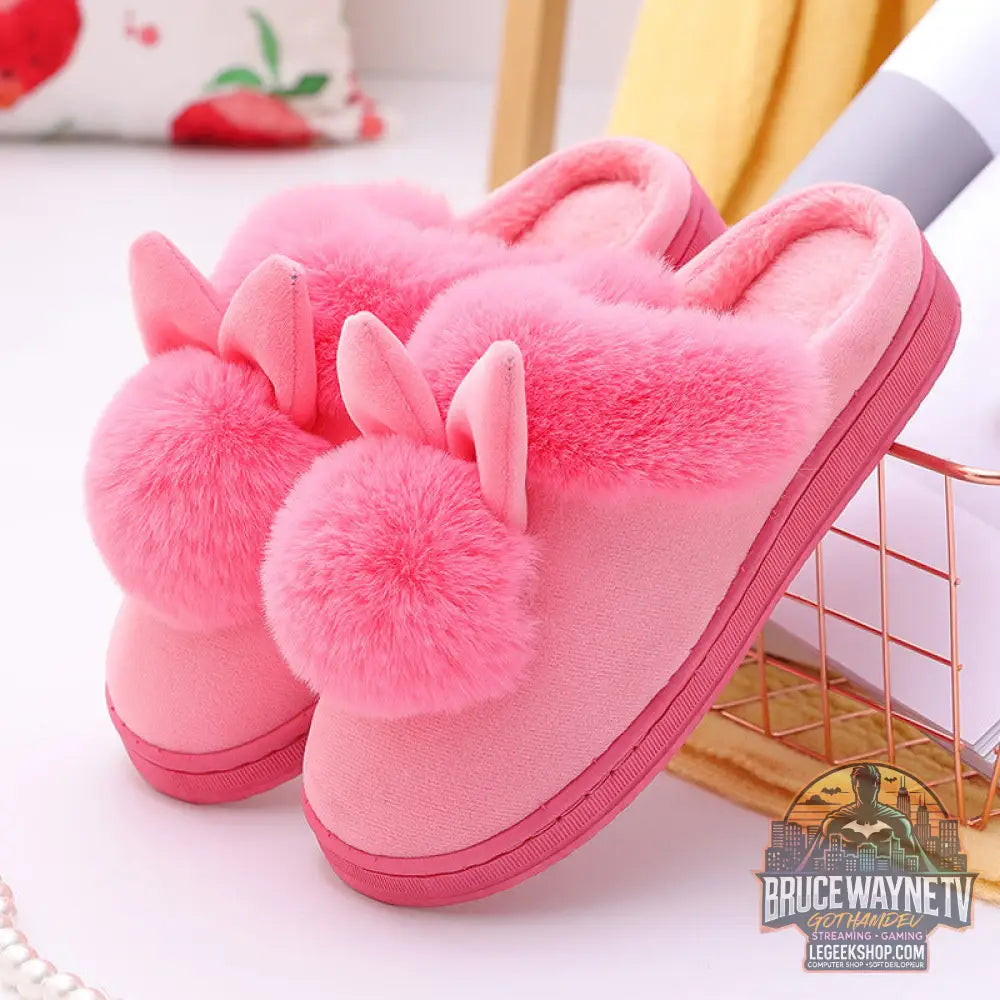Chaussons Maison Oreilles Lapin Pompons Peluche Coton - Watermelon Red / 36or37 - Chaussons Maison