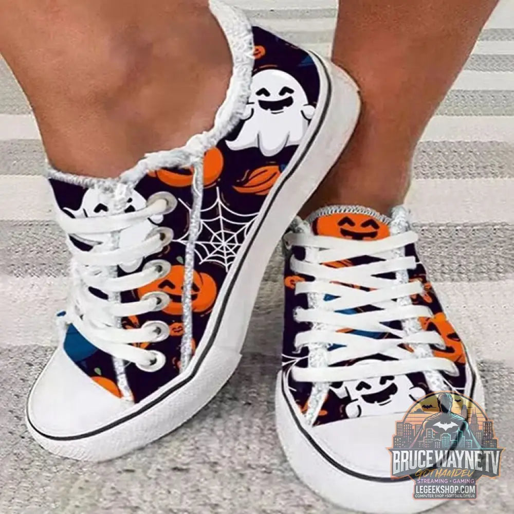 Chaussures Canvas Femme Graffiti Halloween Casual Lacets - Ghost head / Size35 - Chaussures Canvas Femme