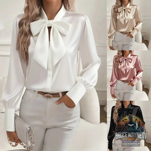 🎀 Chemise Satin Nœud Femme - Couleur Unie Casual Polyvalente 🎀 - Chemise Satin Nœud Femme