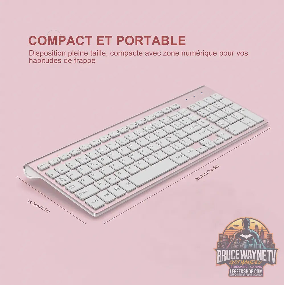 Clavier Sans Fil (AZERTY Disposition) 2,4Ghz Ultra-Fins Compacte Clavier Portable Silencieux 2400 DPI Ergonomique