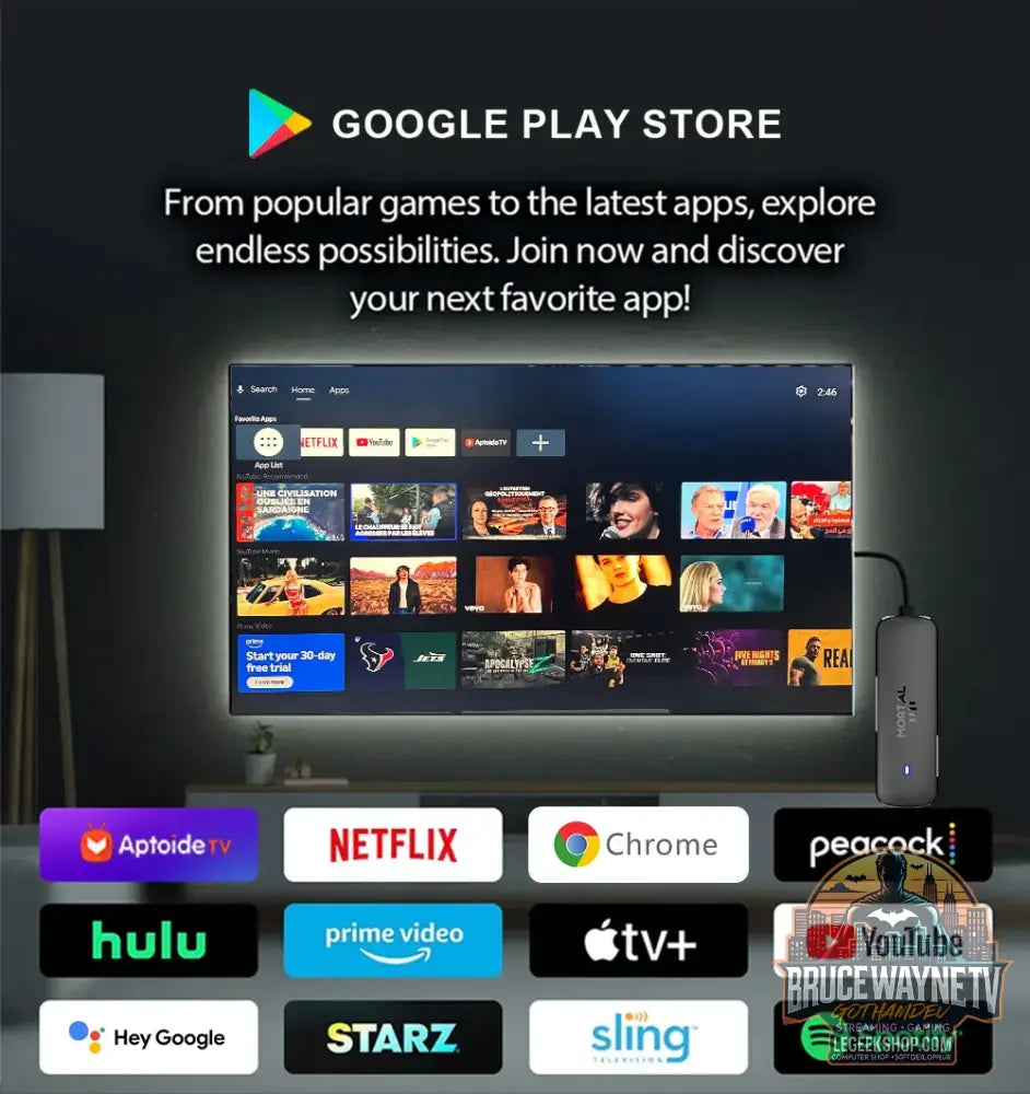 Clé TV Mortal Q8, Android 14 WiFi 6 4K/8K Chromecast - Clé TV / TV Stick
