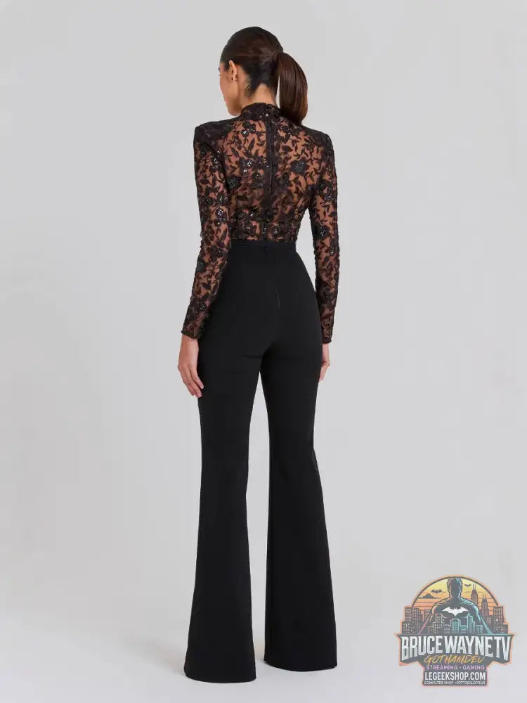 Combinaison Dentelle Transparente Noire Manches Longues - Combinaison Femme