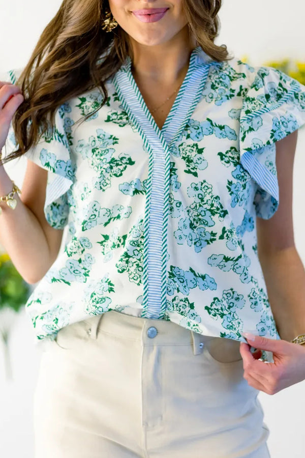 Blouse femme floral, rayé, col V — vert