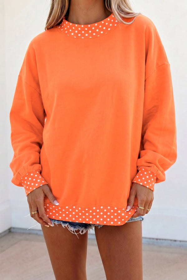 Sweat femme pois, oversized, bordure contrastée, colorblock — orange