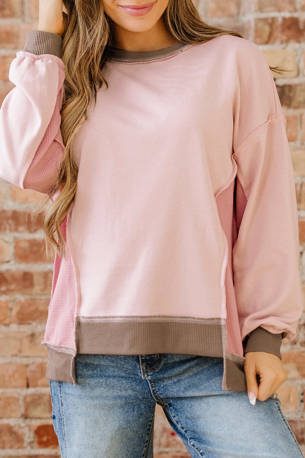 Sweat femme patchwork, gaufré, colorblock — rose clair · LC25320042-P1010 · LC25320042-P1010-L