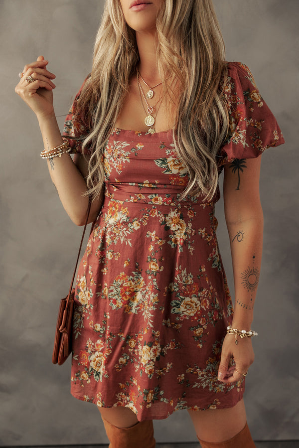 Robe courte femme floral, manches bouffantes — rouge