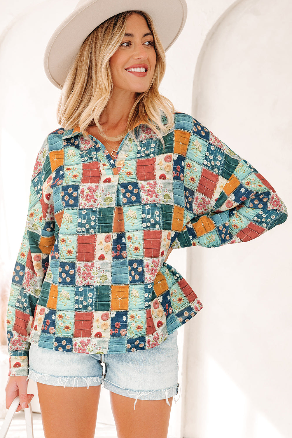 Blouse femme floral, col V — bleu ciel · LC25133535-P420