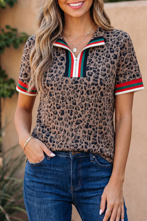 Brown Leopard Jacquard Striped — Tops/Blouses & Shirts, photo principale LeGeekShop