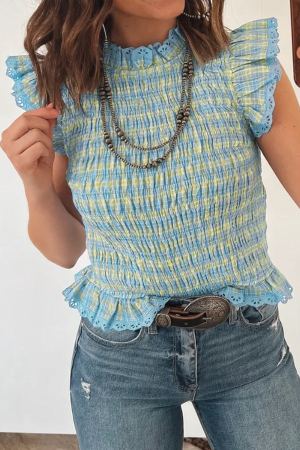 Multicolour Gingham Smoked Lace Trim Tank Top