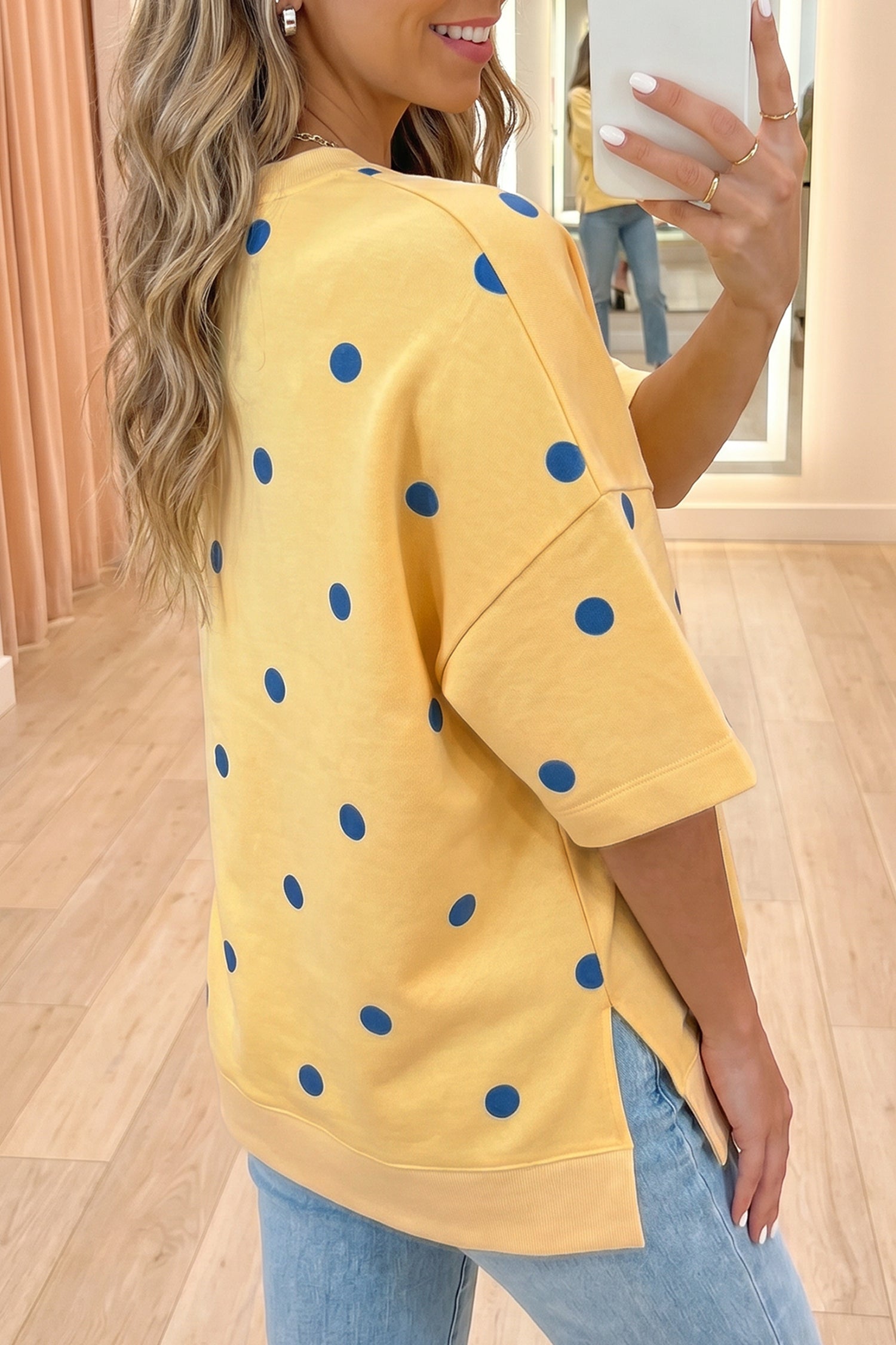 Yellow Polka Dot Print Crossed Seam Detail Oversize Tee