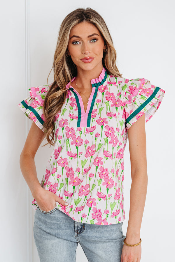 Blouse femme floral, à volants, manches courtes, col V, bordure contrastée — rose · LC25135178-P1020 · LC25135178-P1020-L