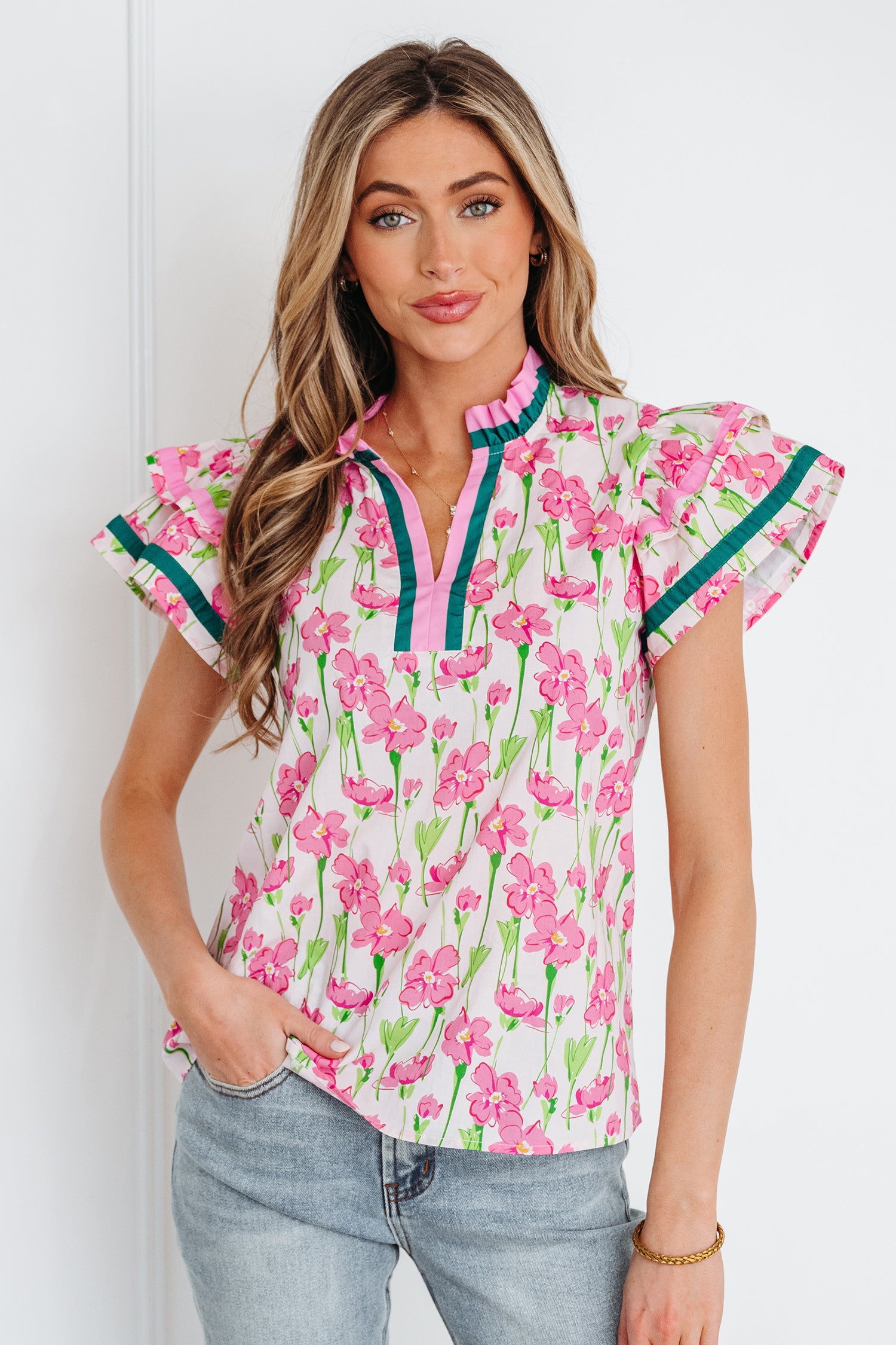 Blouse femme floral, à volants, manches courtes, col V, bordure contrastée — rose · LC25135178-P1020 · LC25135178-P1020-L
