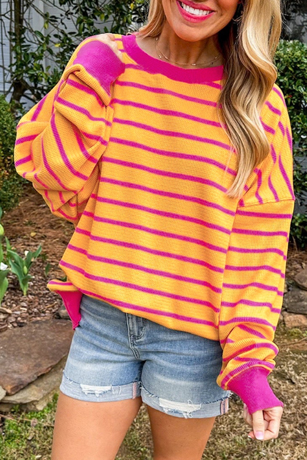 Pull femme rayé, épaules tombantes, col rond, ample — orange · LC2724825-P1419