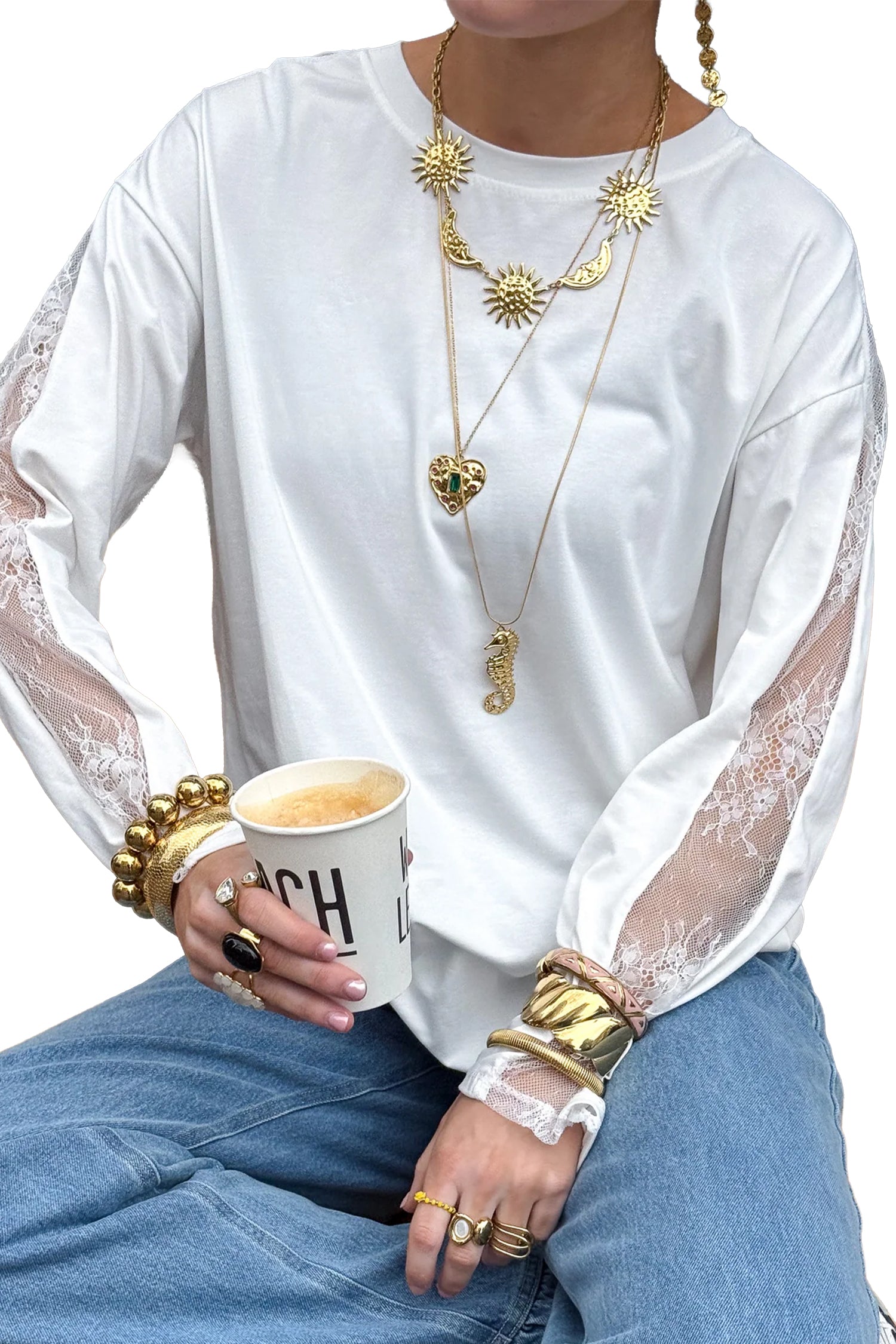 White Lace Patchwork Round Neck Long Sleeve Top