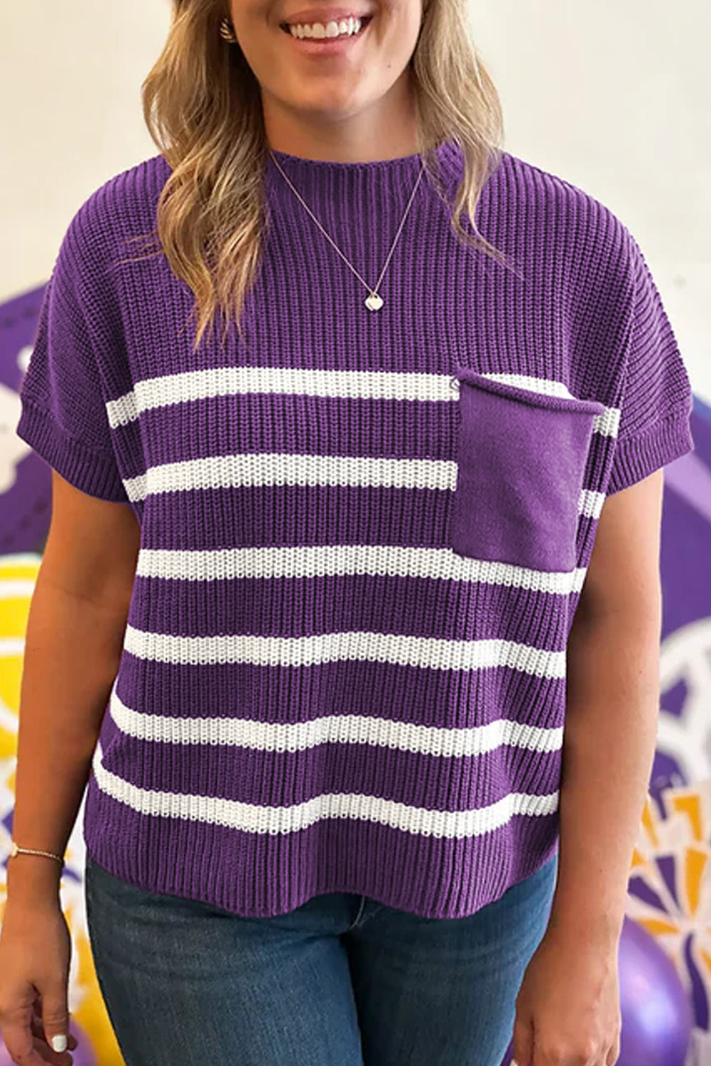 Pull femme rayé, en maille, poches, manches courtes — violet