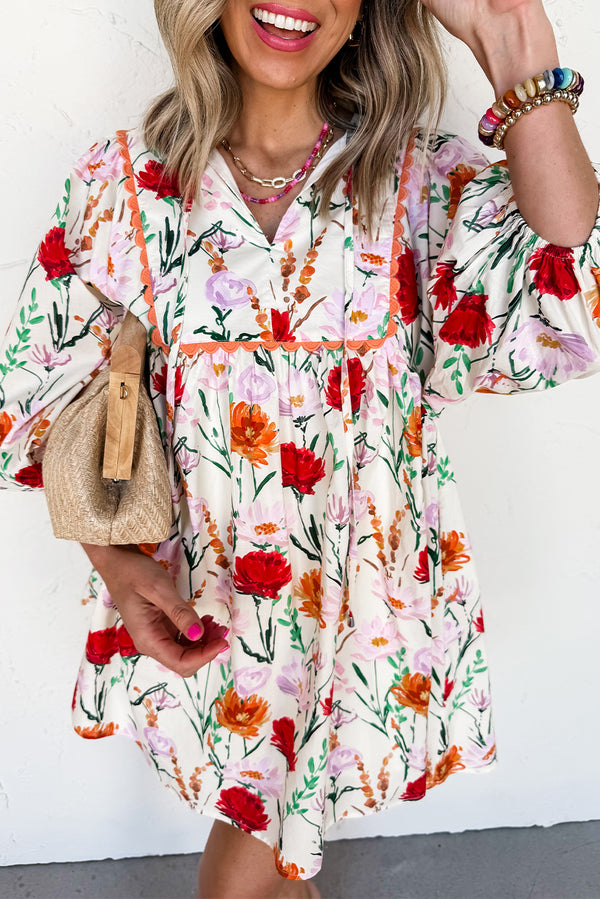 Robe courte femme floral, manches bouffantes — beige