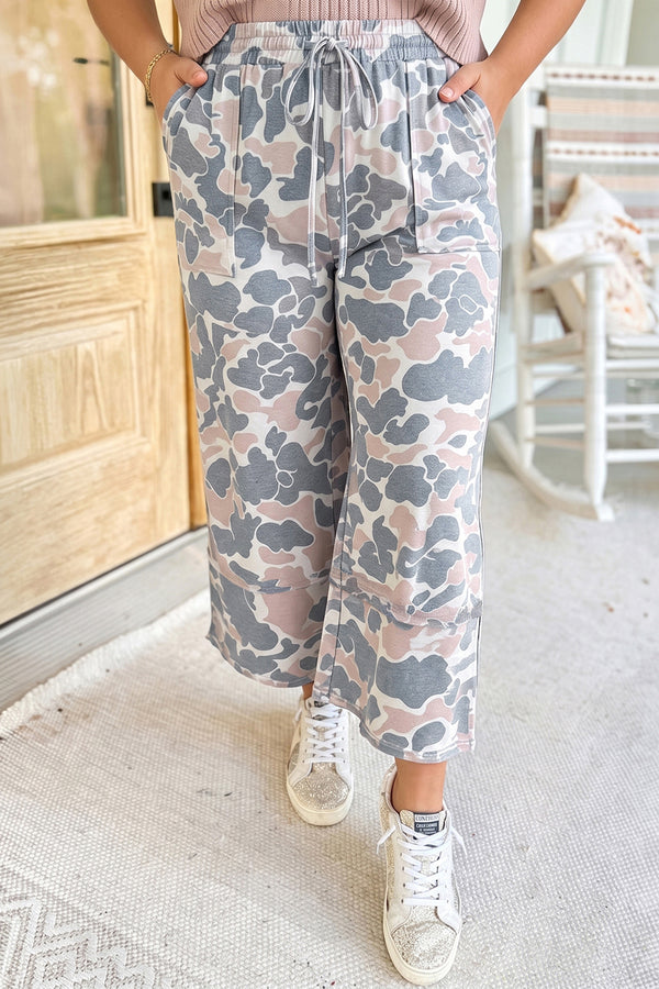 Khaki Camouflage Print Patch Pockets Ankle-Length Plus Size Pants