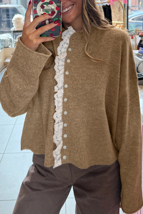 Simply Taupe Contrast Frilled Lace Trim Loose Cardigan Sweater femme · LC2712824-P6017 · LC2712824-P6017-L