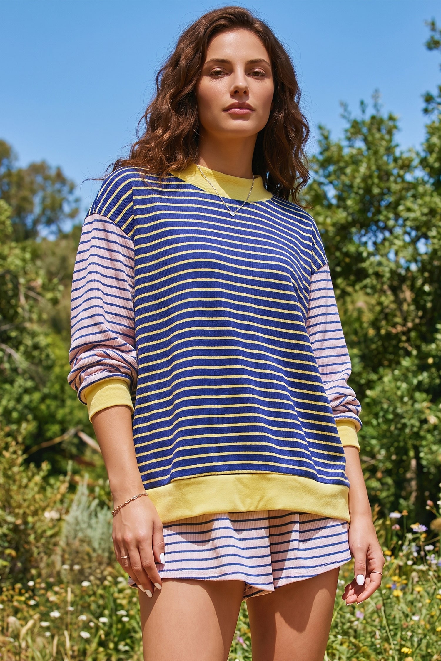 Blue Stripe Contrast Long Sleeve Crew Neck Pullover Top