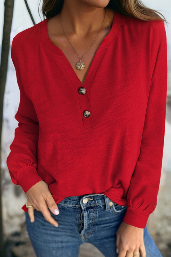 Haut femme boutonnée, manches longues, col V, uni — rouge