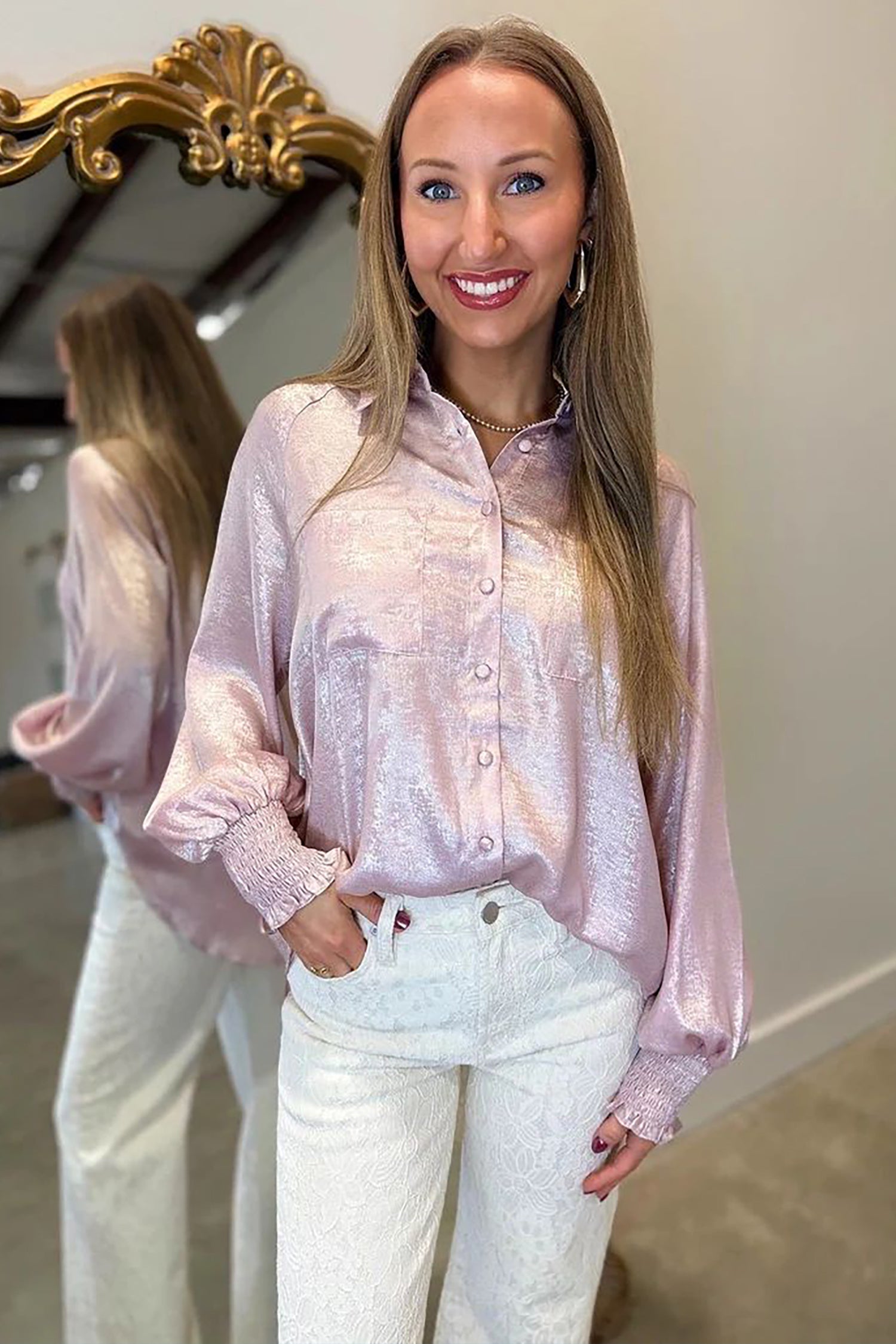 Delicacy Long Sleeve Button Front Ruffle Cuffs Back Paneling Shirt