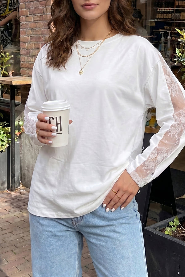 White Lace Patchwork Round Neck Long Sleeve Top