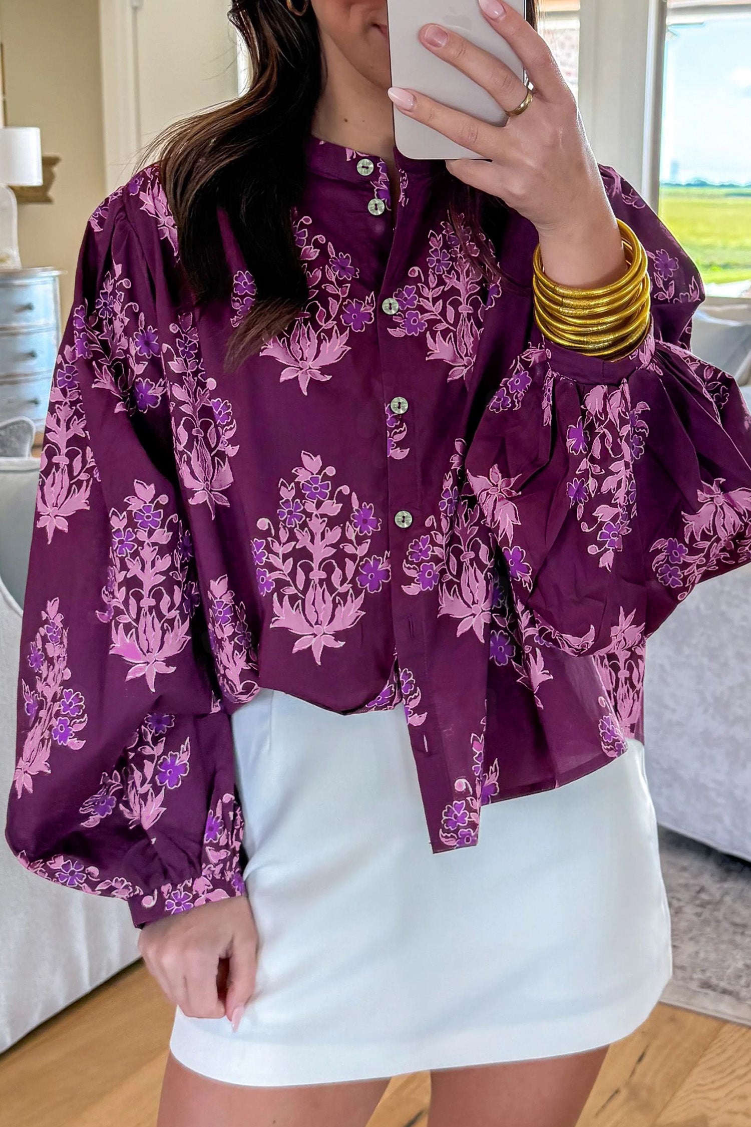 Purple Floral Print Button — Tops/Blouses & Shirts, vue 3, LeGeekShop