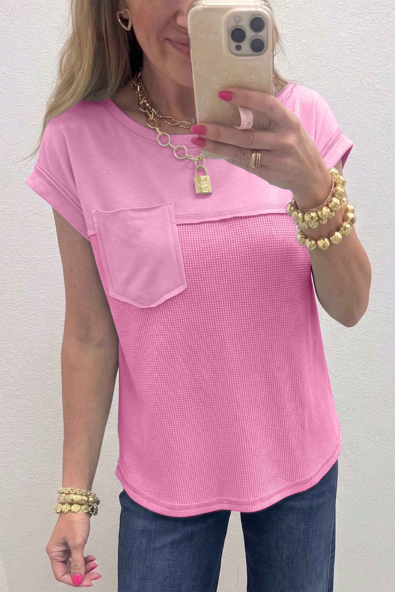 T-shirt femme patchwork, gaufré, casual, uni — rose