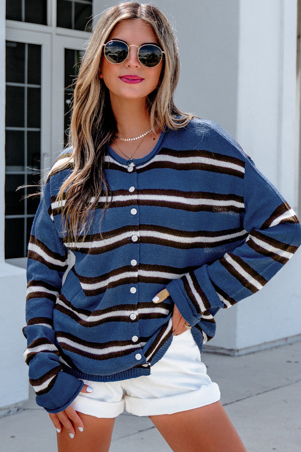 Blue Stripe Striped Drop Shoulder Button Cardigan femme · LC2712994-P519 · LC2712994-P519-L