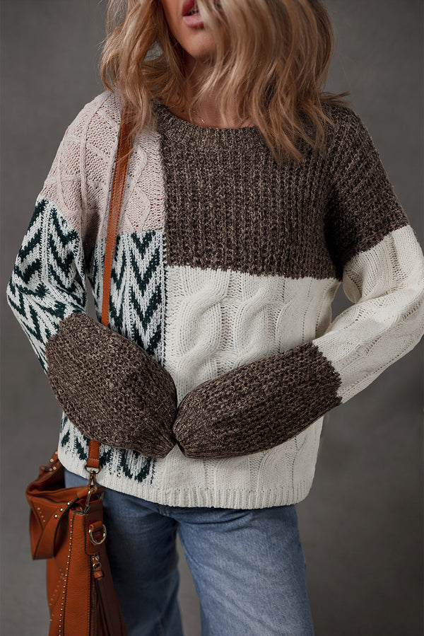 Pull femme patchwork, ample, colorblock — marron · LC2726555-P1722 · LC2726555-P1722-L