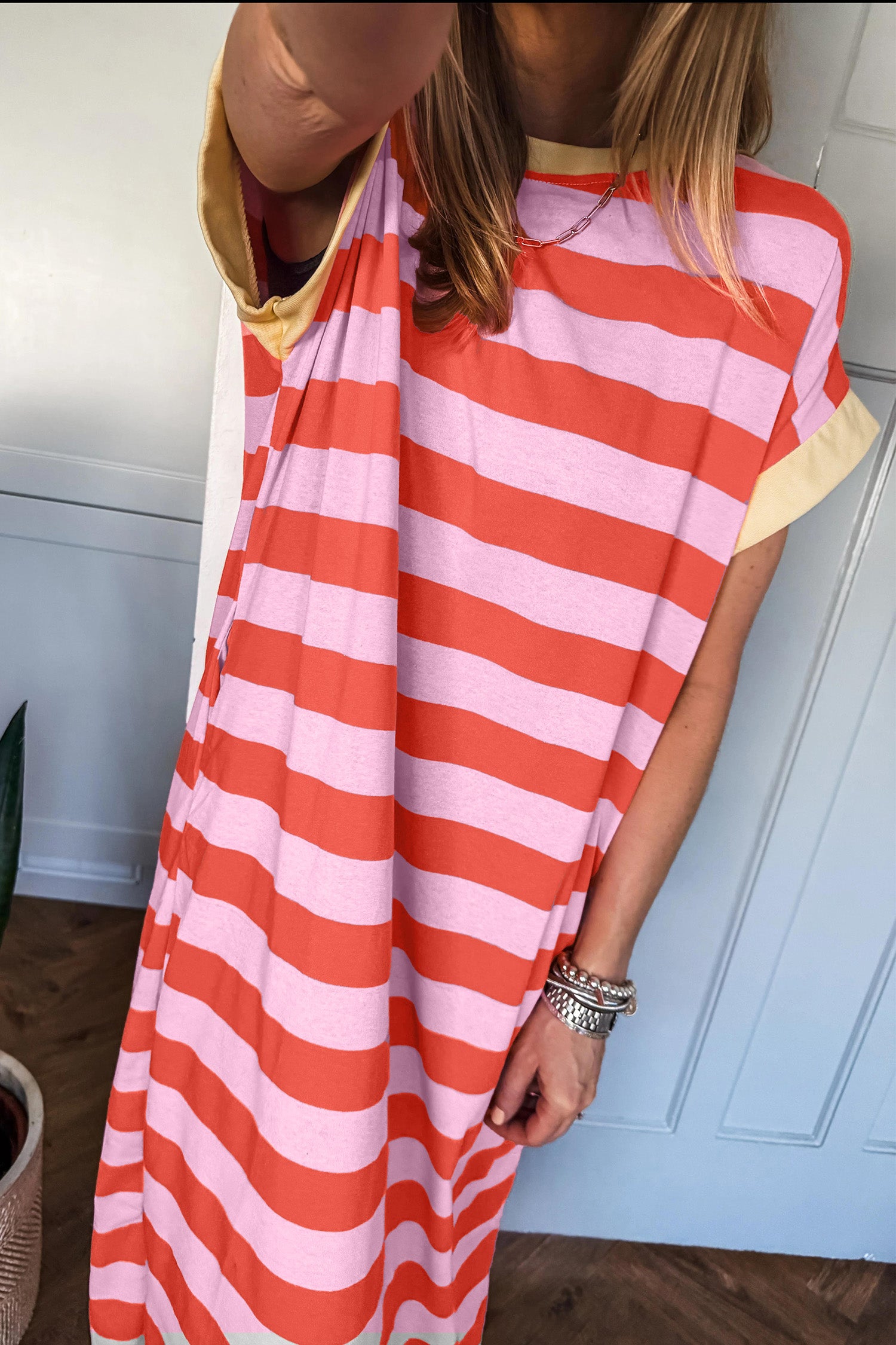 Rose Stripe Cuffed Short Sleeve Pocketed Casual T Shirt Long Dress