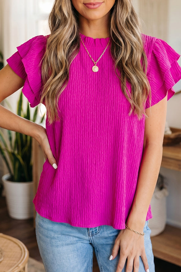 Rose Red Solid Color Textured Ruffle Trim Short Sleeve Blouse