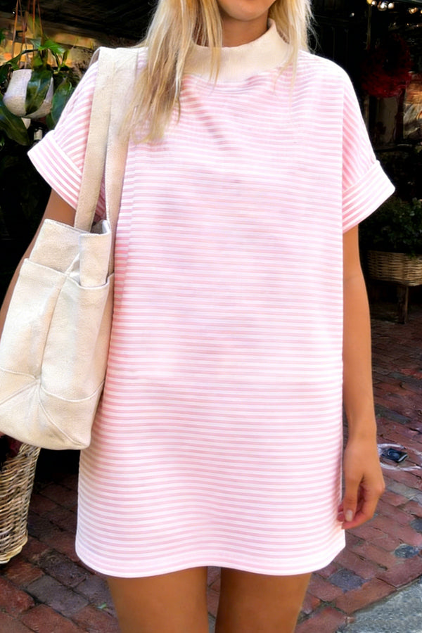 Robe femme rayé, manches courtes, col montant — rose