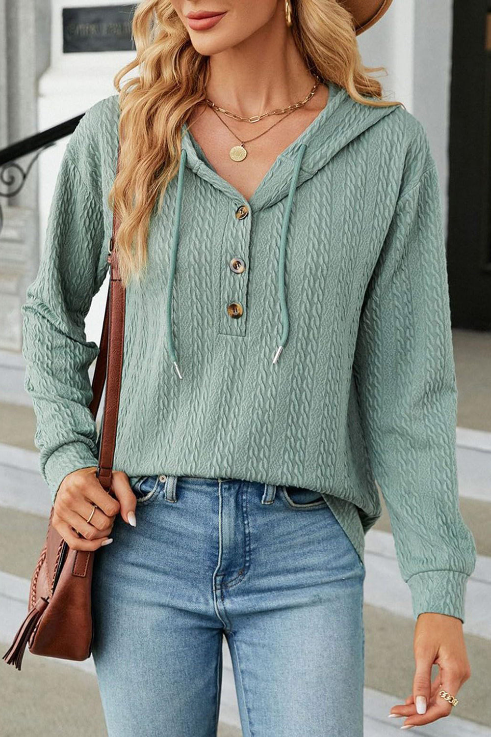 Haut femme à cordon, boutonnée, à capuche, manches longues — vert