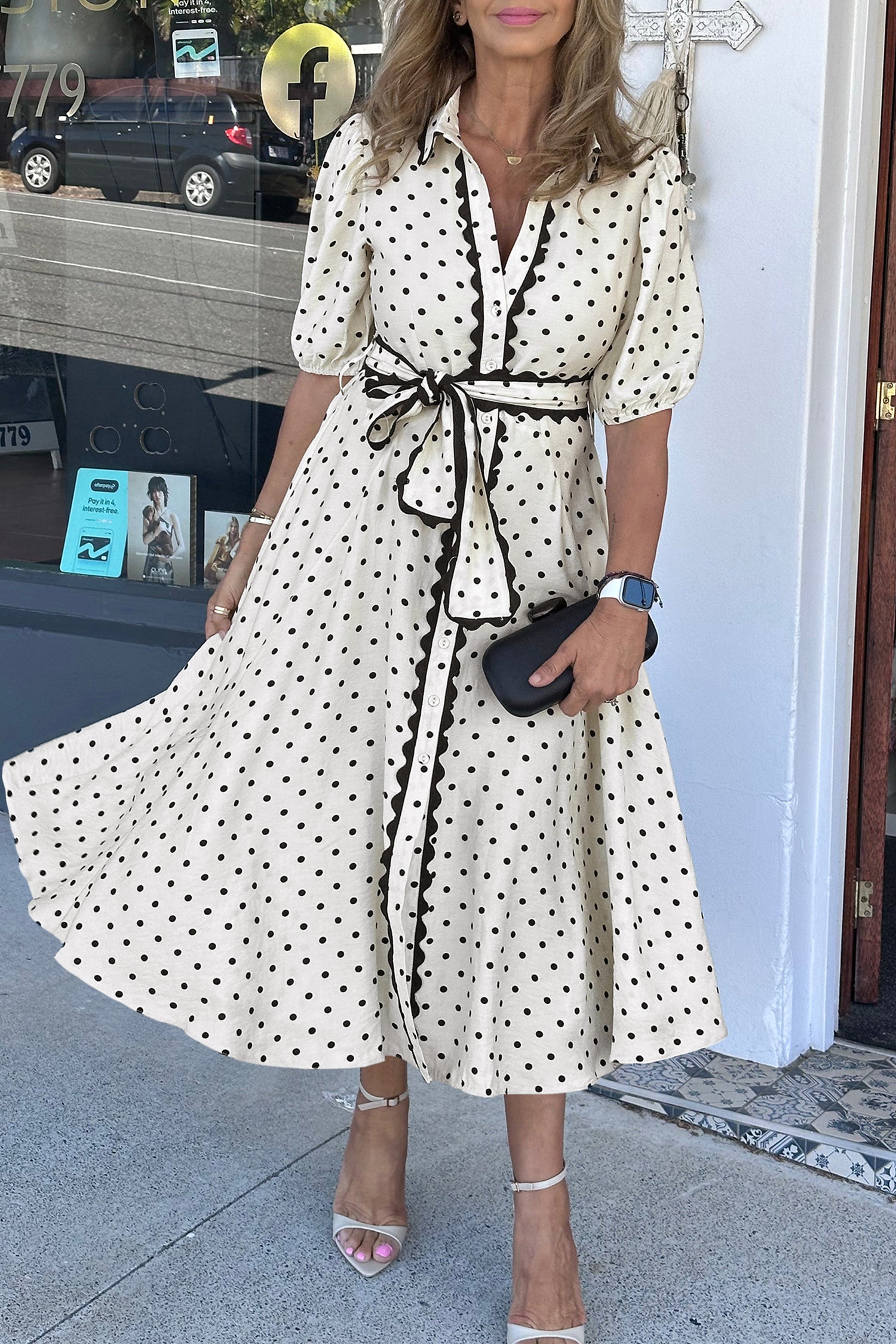 Robe midi femme pois, ceinturée, boutonnée, festonné, midi — blanc
