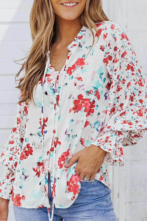 Blouse femme floral, smocké — rouge feu
