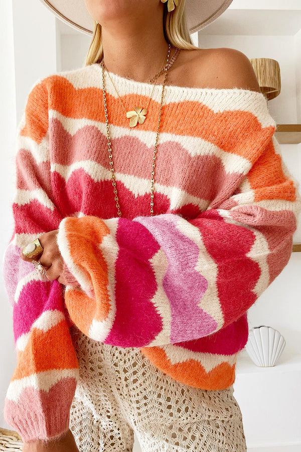 Pull femme rayé, épaules tombantes — rouge rose