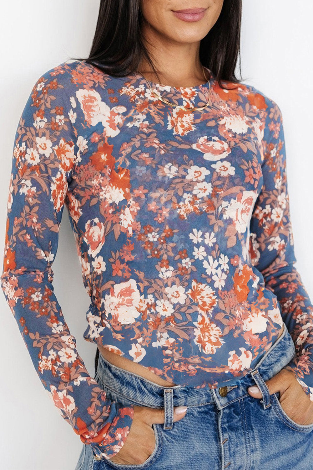 Haut femme floral, transparent, manches longues