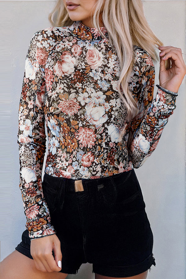 Blouse femme floral, transparent, manches longues, col montant — marron