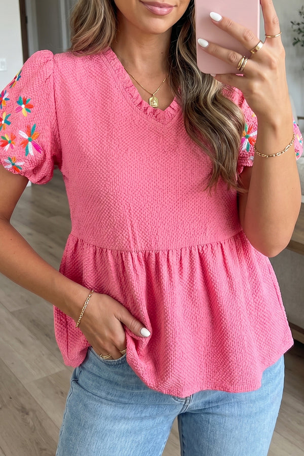 Blouse femme brodé, manches bouffantes, col V — rose