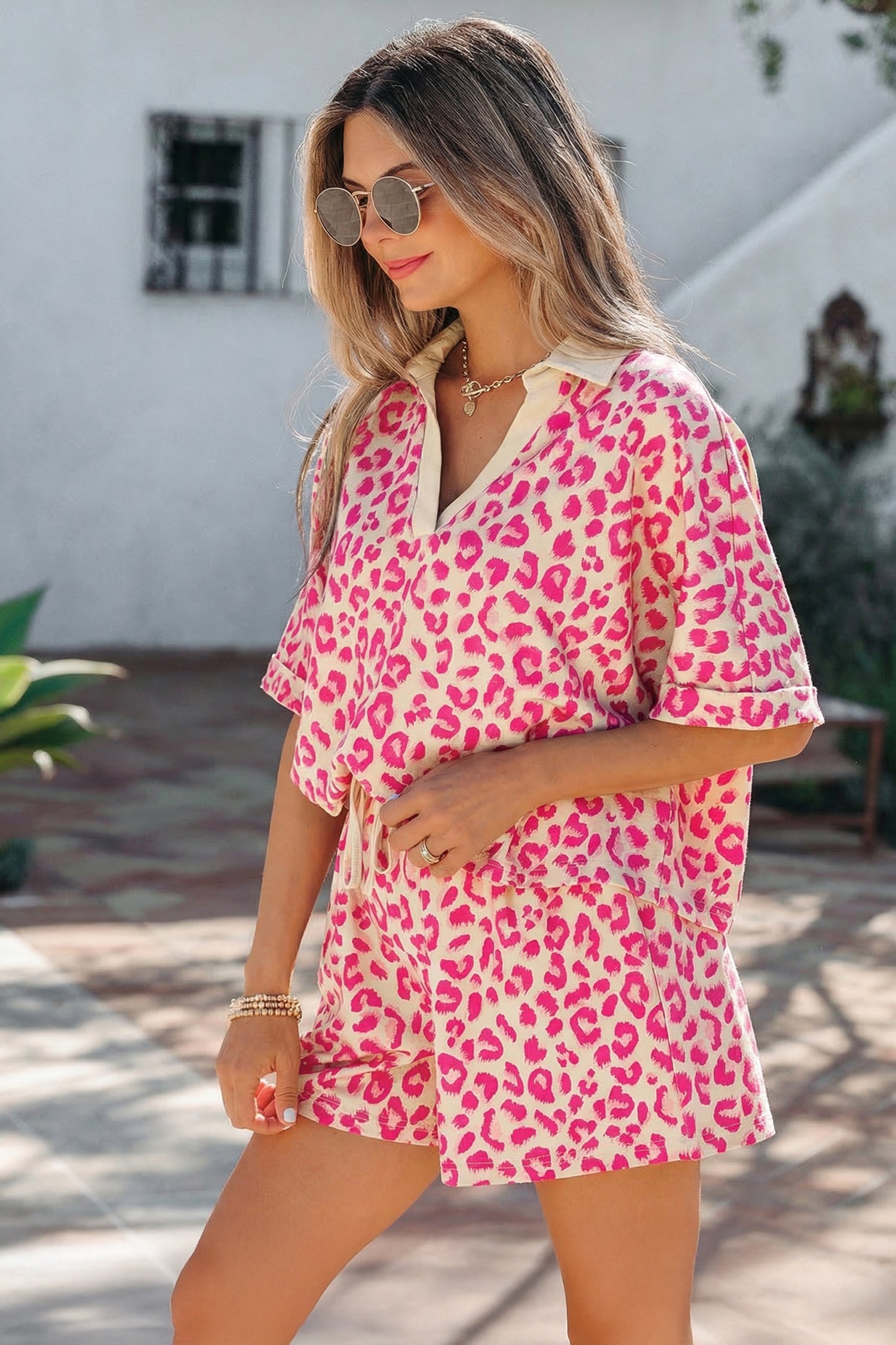 Brown V Neck Collar Leopard Printed 2pcs Short Set