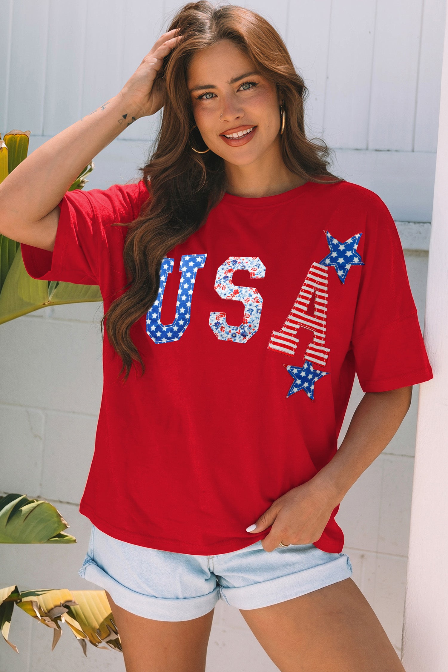 Fiery Red Patriotic USA Slogan Patch Embroidery Short Sleeve T Shirt