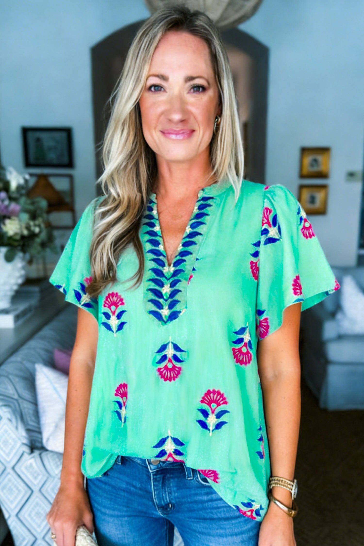 Green Floral V Neck — Tops/Blouses & Shirts, vue 5, LeGeekShop