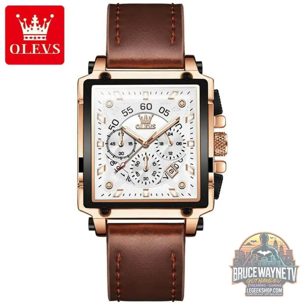 Montre à quartz carrée étanche avec bracelet en cuir pour homme, chronographe et fonction calendrier, marque supérieure | OLEVS - Legeekshop