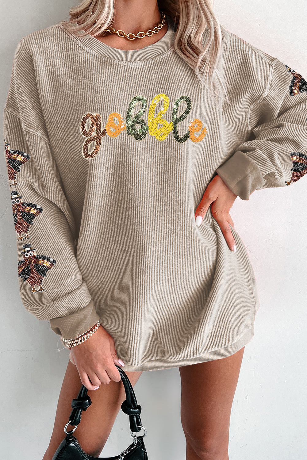 Sweat femme paillettes, côtelé — gris