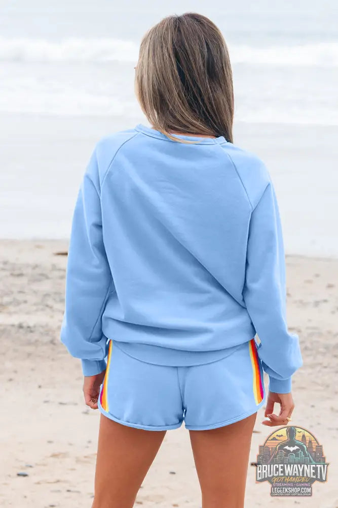 Ensemble Deux Pièces Femme – Pull Col Rond & Short à Rayures · Style Décontracté Casual - Ensemble Femme