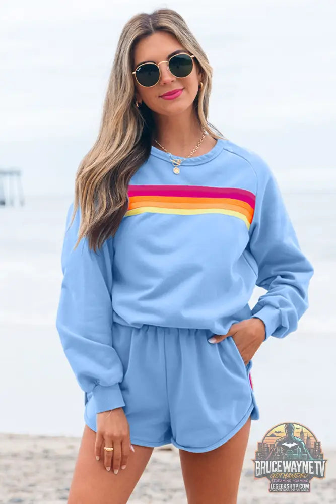 Ensemble Deux Pièces Femme – Pull Col Rond & Short à Rayures · Style Décontracté Casual - Beau Blue / S / 50% Polyester